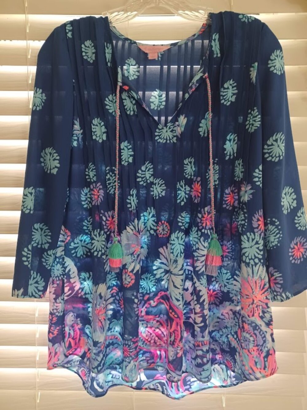 Lilly Pulitzer Tunic Top XXS Navy Blue Tassel Tie Beach Cover Up Coastal Print
